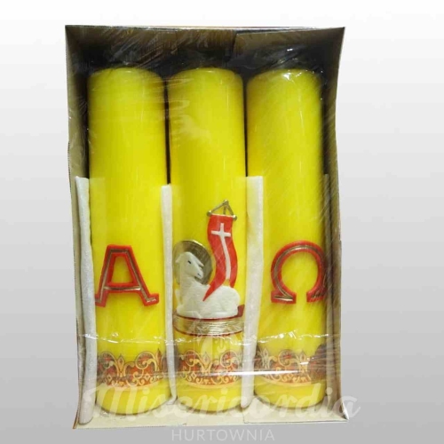 ŚWIECE OŁTARZOWE, Z APLIKACJĄ BARANEK + ALFA OMEGA 30/7cm, ŻÓŁTE