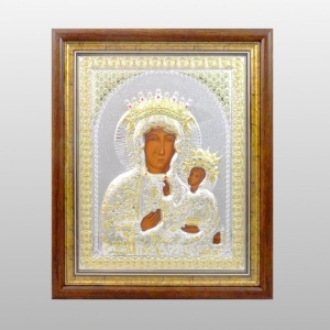 IKONA  MB CZĘSTOCHOWSKA W DREWNIANEJ RAMCE ZA SZYBKĄ, 33 cm x 40 cm