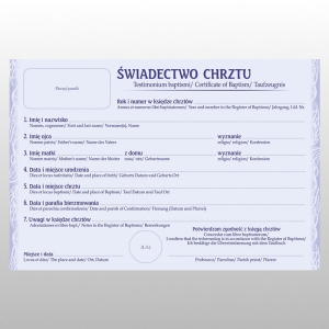 ŚWIADECTWO CHRZTU W RÓŻNYCH JĘZ. 50SZT..