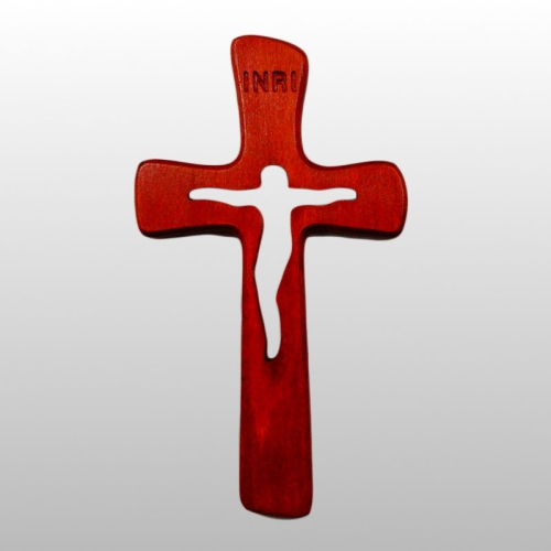 KRZYŻ SERIA BK, Z WYCIĘTĄ PASYJKĄ, WYS. 19,5 CM X 11,5 CM KOLOR WIŚNIA