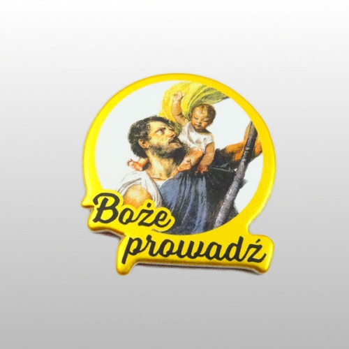 PLAKIETKA ZŁOCONA TEKTURA - "ŚW.KRZYSZTOFIE, CHROŃ I PROWADŹ DO CELU"