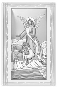 PANEL ANIOŁ STRÓŻ Z DZIEĆMI NA KŁADCE 15x8,5cm NA BIAŁYM ZDOBIONYM DREWNIE