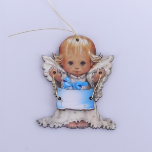 ANIOŁEK DREWNIANY Z TABLICZKĄ WYS. 11,5 CM - KREMOWO/NIEBIESKI