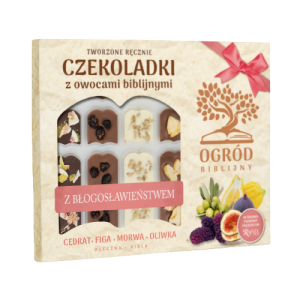 BOMBONIERKA "ŁOSOSIOWA" OGRÓD BIBLIJNY  CZEKOLADKI Z OWOCAMI BIBLIJNYMI  (MLECZNA, BIAŁA)