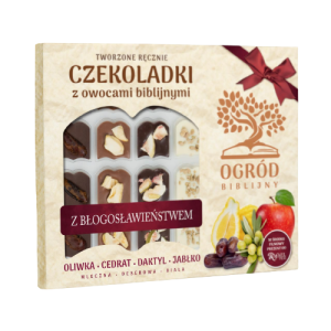 BOMBONIERKA "BORDOWA" OGRÓD BIBLIJNY CZEKOLADKI Z OWOCAMI BIBLIJNYMI  (MLECZNA, DESEROWA,BIAŁA)