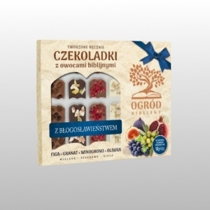 BOMBONIERKA "GRANATOWA" OGRÓD BIBLIJNY  CZEKOLADKI Z OWOCAMI BIBLIJNYMI  (MLECZNA, DESEROWA, BIAŁA)