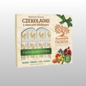 BOMBONIERKA "ZIELONA" OGRÓD BIBLIJNY  CZEKOLADKI Z OWOCAMI BIBLIJNYMI  (BIAŁA)