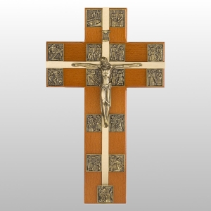 KRZYŻ WISZĄCY Z DROGĄ KRZYŻOWĄ KOLOR ORZECH/ZŁOTY 29,5CM