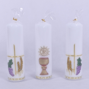 ŚWIECE OŁTARZOWE, Z APLIKACJĄ EUCHARYSTYCZNĄ KIELICH 24/7cm, BIAŁE (KPL.3SZT.)