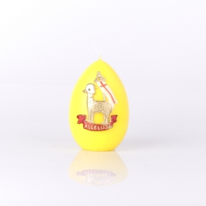 ŚWIECA JAJKO, ŻÓŁTA, WYS. 9cm i FI=6cm, APLIKACJA BARANEK - MIX