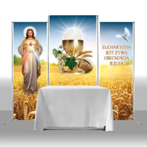 OŁTARZ PRZENOŚNY - BOŻE CIAŁO "JEZUS MIŁOSIERNY + KIELICH + EUCHARYSTIA JEST ŻYWĄ..." +STÓŁ+GRAFIKA+POKROWIEC (KPL.)
