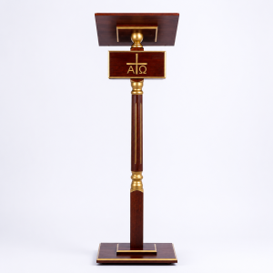 PULPIT DO MIEJSCA PRZEWODNICZENIA DREWNIANY Z PÓŁKĄ "ALFA/OMEGA" ZŁOCONY - WENGE