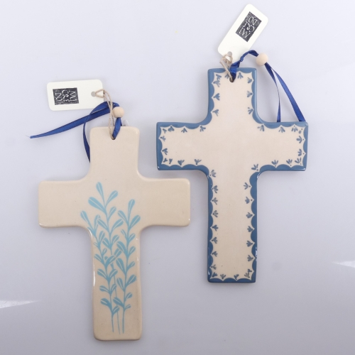 KRZYŻ CERAMICZNY WISZĄCY DUŻY (20,5cm) SZKLIWIONY RĘCZNIE MALOWANY