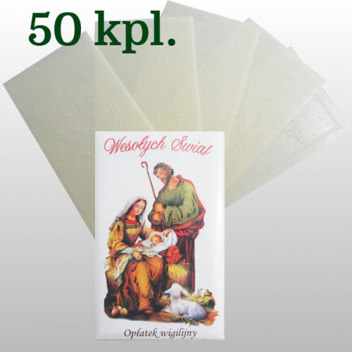 OPŁATKI WIGILIJNE : 5 SZT DUŻYCH + KOPERTA + FOLIA - KARTON 50 KPL / 2,20 zł/kpl