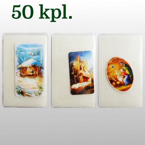 OPŁATKI WIGILIJNE : 5 SZT MAŁYCH + OBRAZEK + FOLIA - KARTON 50 KPL / 1,65 zł/kpl