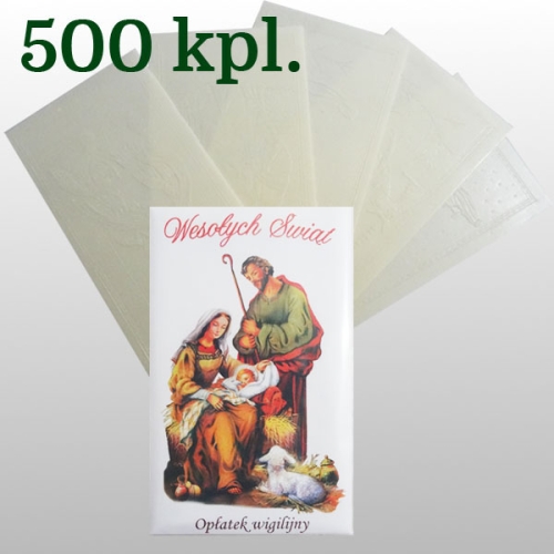OPŁATKI WIGILIJNE : 5 SZT DUŻYCH + KOPERTA + FOLIA - KARTON 500 KPL / 1,80 zł/kpl