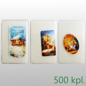 OPŁATKI WIGILIJNE : 5 SZT MAŁYCH + OBRAZEK + FOLIA - KARTON 500 KPL / 1,20 zł/kpl