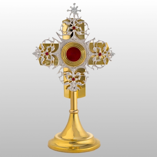 RELIKWIARZ ZE SREBRNYM ORNAMENTEM MOSIĘŻNY ZŁOCONY 32 CM 