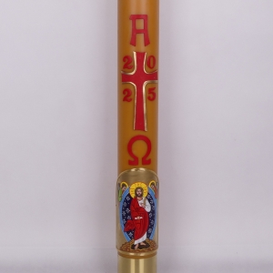 PASCHAŁ 0A 12/125 CM 13KG, OLEJOWY - WOSK, KRZYŻ CZERWONY, POGRUBIONY ZŁOTY BRZEG + CHRYSTUS MALOWANY