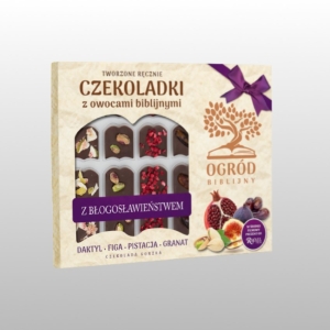 BOMBONIERKA "FIOLETOWA" OGRÓD BIBLIJNY  CZEKOLADKI Z OWOCAMI BIBLIJNYMI  (GORZKA)