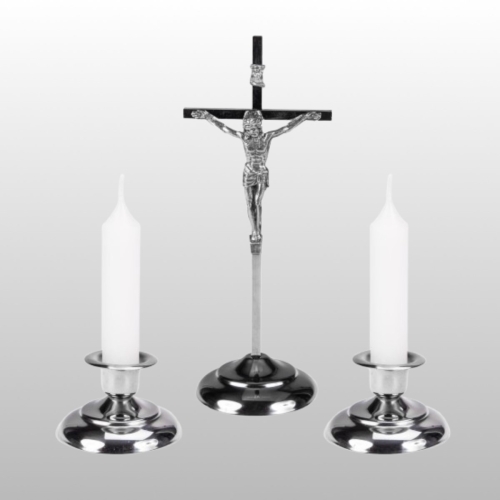 ZESTAW KOLĘDOWY ZE STALI NIERDZEWNEJ - KRZYŻ+ LICHTARZE+ ŚWIECE, wys.22cm