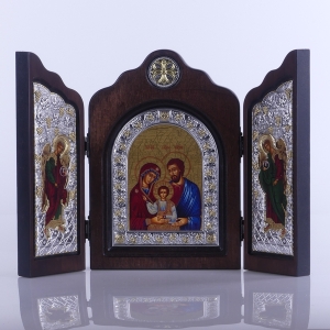 IKONA TRYPTYK  ŚW. RODZINA NIEBIESKA - KOLOR/SREBRO wym.złożony 17 cm x 24 cm