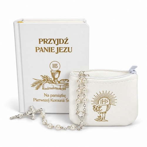 ZESTAW KOMUNIJNY: RÓŻANIEC + MODLITEWNIK + ETUI