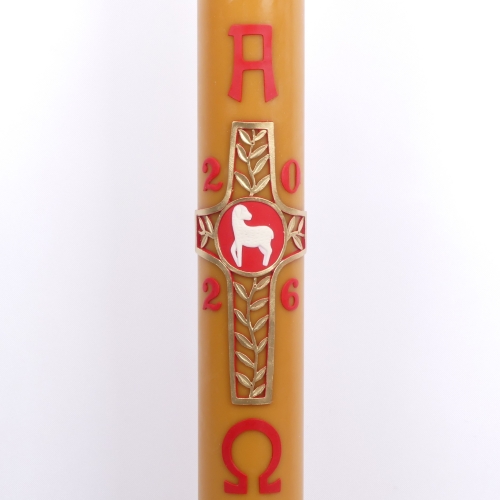 PASCHAŁ 0A 12/125 CM 13KG, WOSK, BARANEK NA KRZYŻU, ZŁOTE GAŁĄZKI OLIWNE