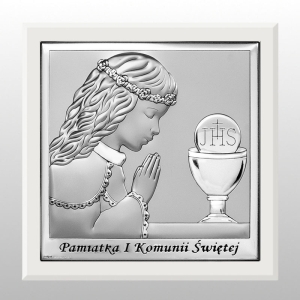OBRAZEK KOMUNIA DZIEWCZYNKA PAMIĄTKA I KOMUNII ŚWIĘTEJ BIAŁE DREWNO 10X10