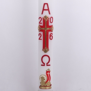 PASCHAŁ 2A 8.5/100cm  5KG BIAŁY, KRZYŻ CZERWONY, ZŁOTE BELKI, NA KOŃCACH ZŁOTY WACHLARZ + BARAN ZŁOTY