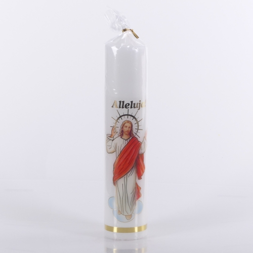 ŚWIECA PASCHALNA 30/6,5cm NAKLEJKA JEZUS,  BIAŁA